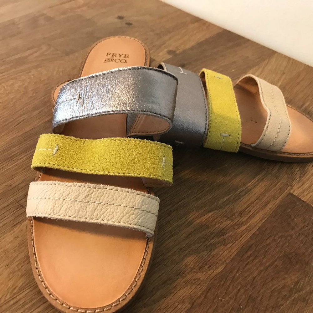 FRYE and CO. Sz 7.5 Evie Triple Strap Leather Slides Sandals